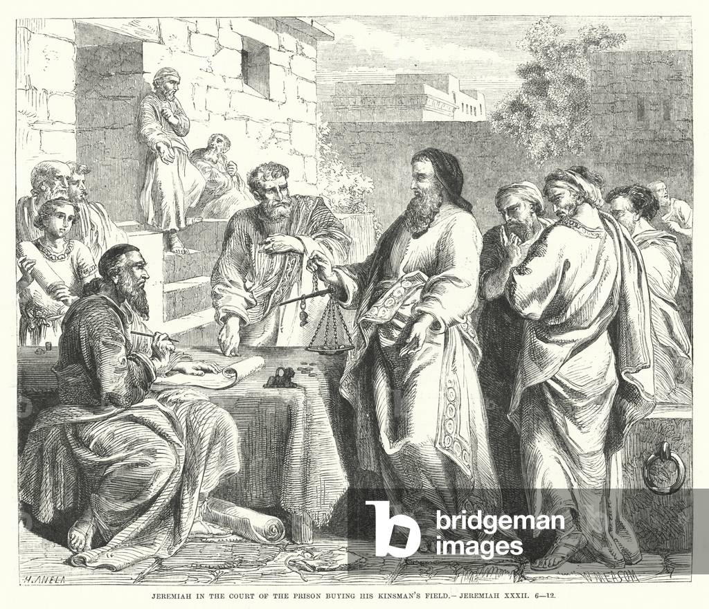 Jeremiah in the Court of the Prison buying his Kinsman's Field, Jeremiah XXXII, 6-12 (engraving)