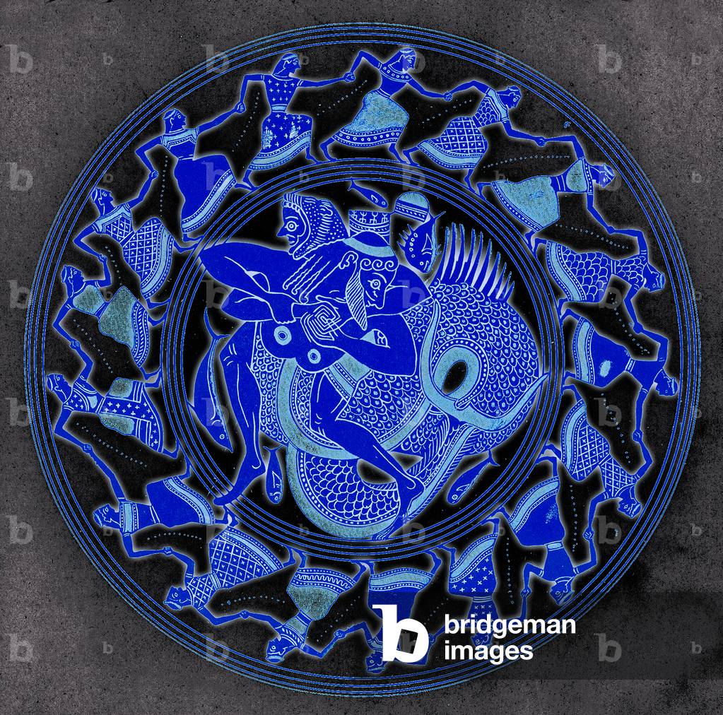 Herakles wrestling with Triton, illustration from 'Greek Vase Paintings' by J. E. Harrison and D. S. MacColl, published 1894 (digitally enhanced image)