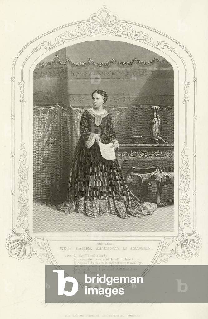 Miss Laura Addison as Imogen, Cymbeline, Act I, Scene VII (engraving)