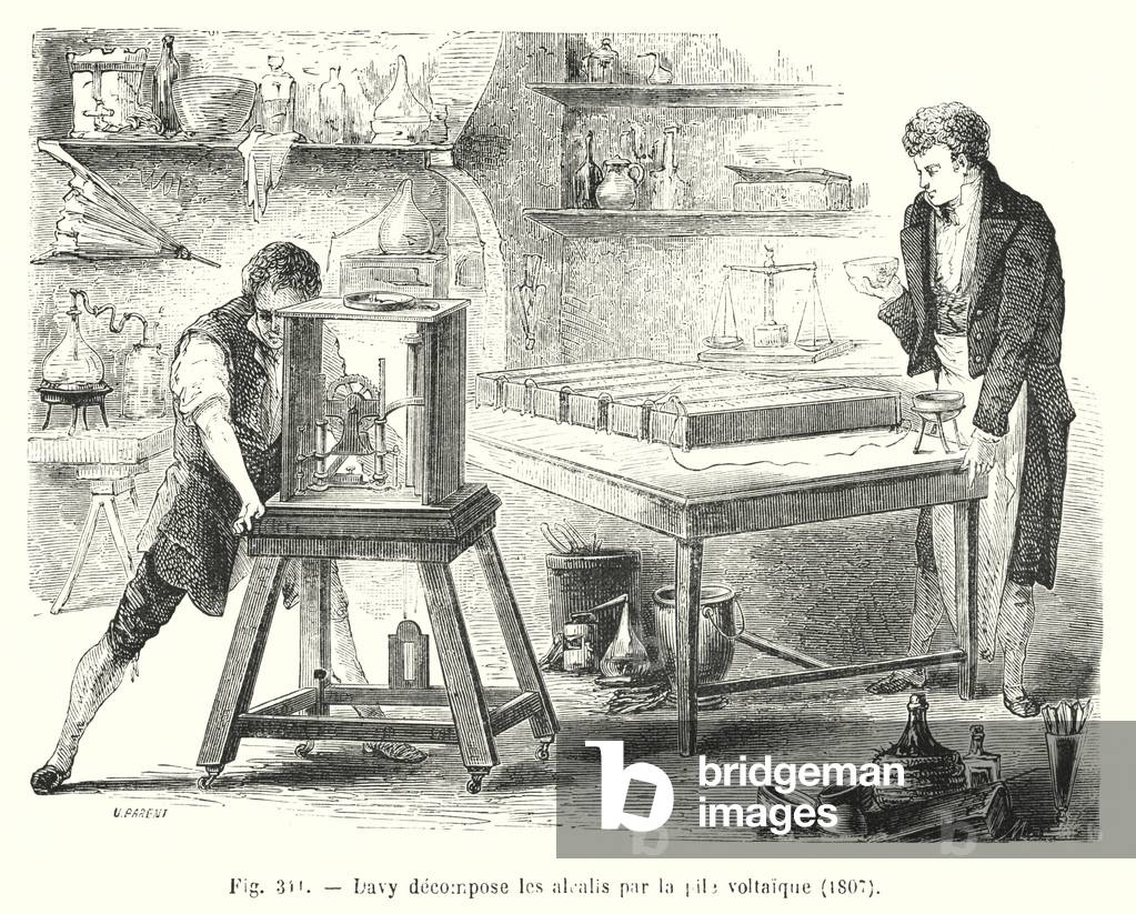 Davy decompose les alealis par la pile voltaique, 1807 (engraving)