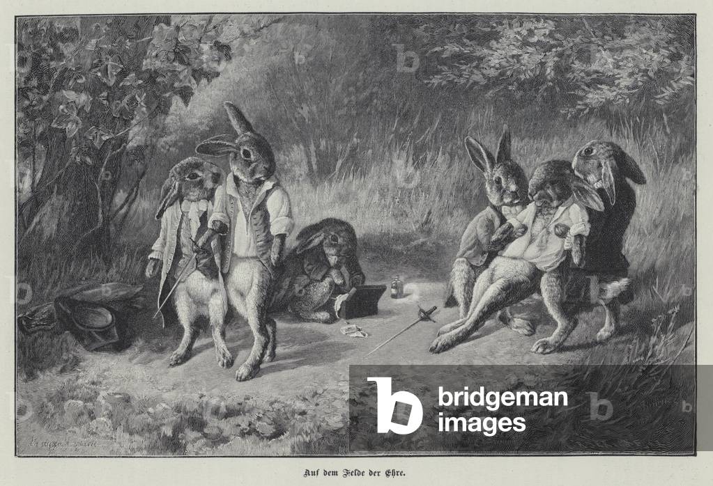 On the field of honour: anthropomorphic duelling rabbits (engraving)