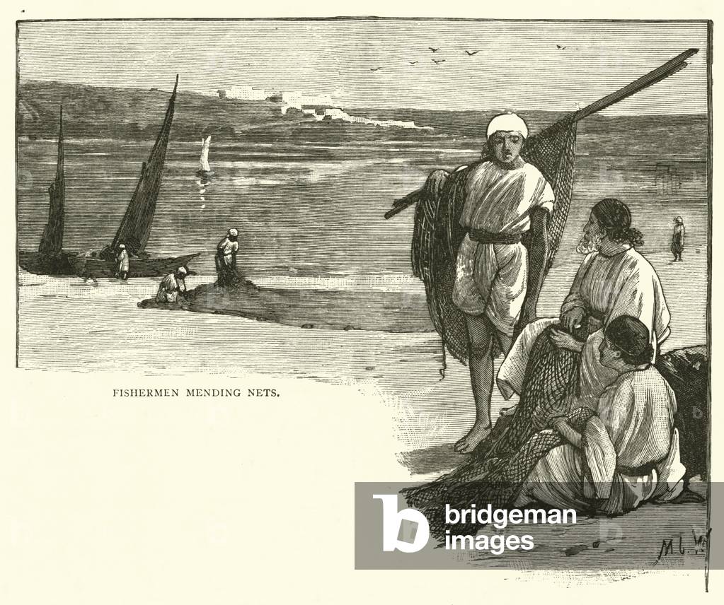 Fishermen mending nets (engraving)