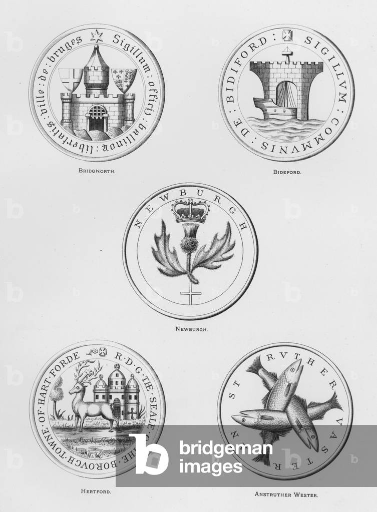 Public arms: Bridgnorth; Bideford; Newburgh; Hertford; Anstruther Wester (engraving)