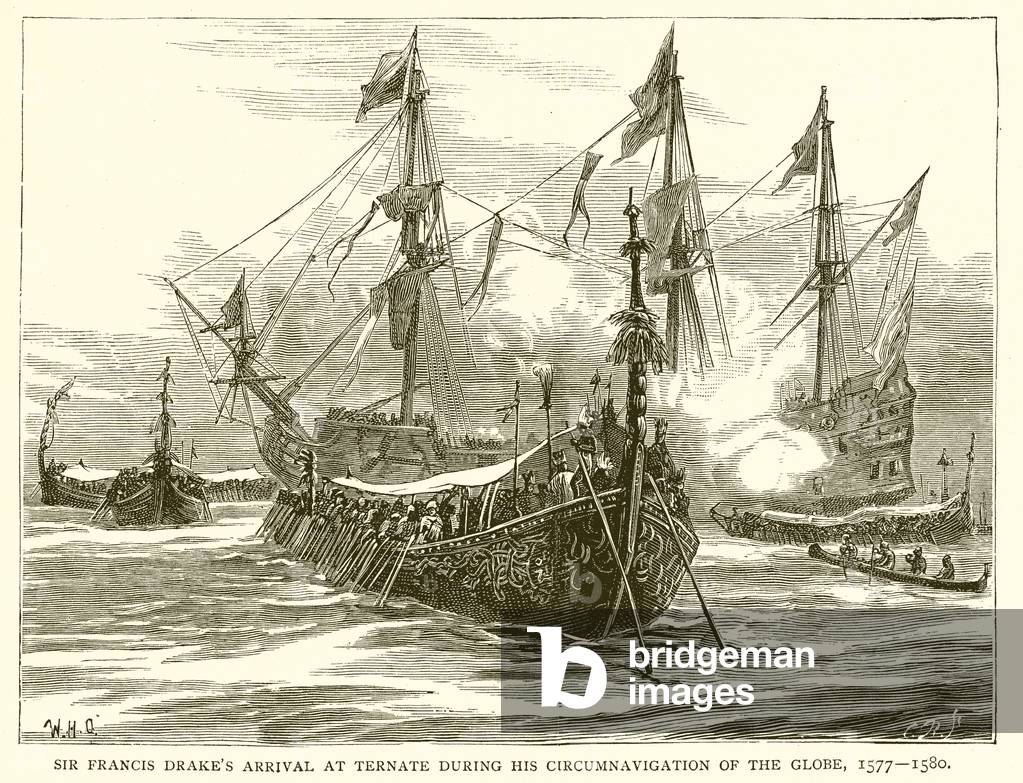 Sir Francis Drake's Arrival at Ternate during his Circumnavigation of the Globe, 1577--1580 (engraving)