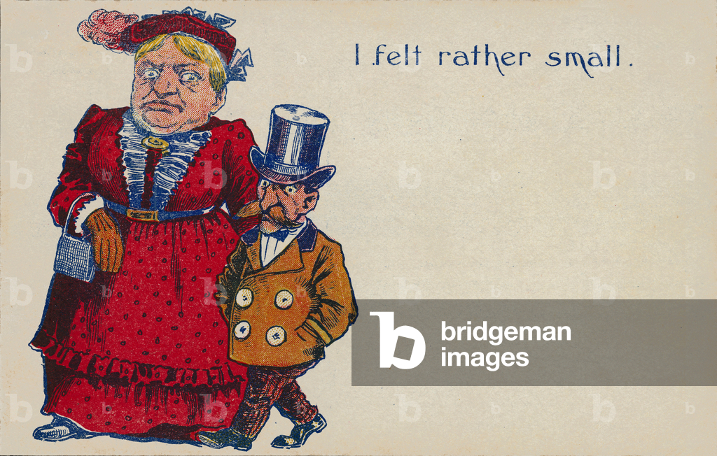 Small man with much larger woman (colour litho)