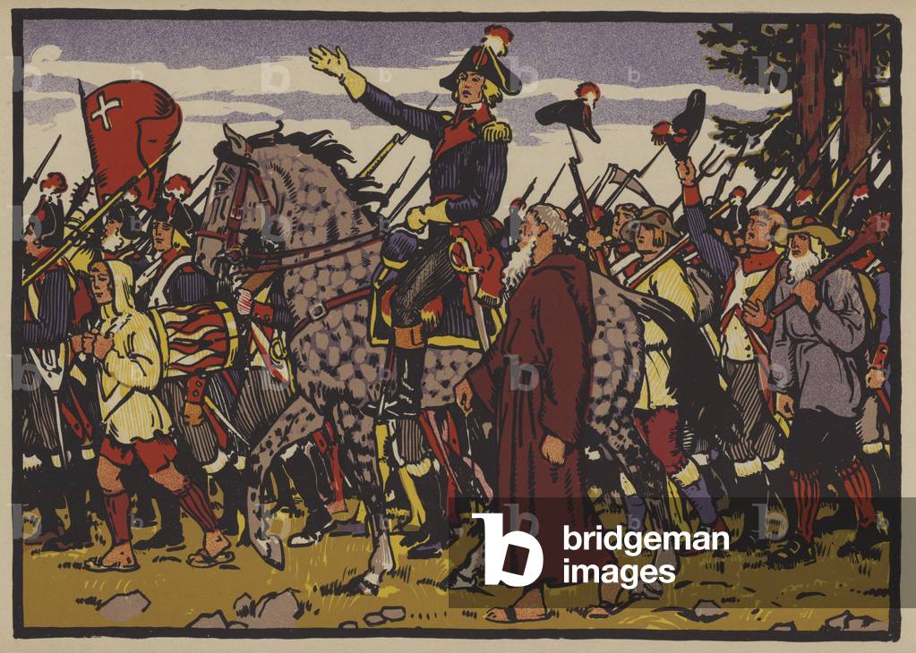 Alois von Reding and the resistance of Schwyz against the Helvetic Republic imposed by Revolutionary France, 1798 (colour litho)