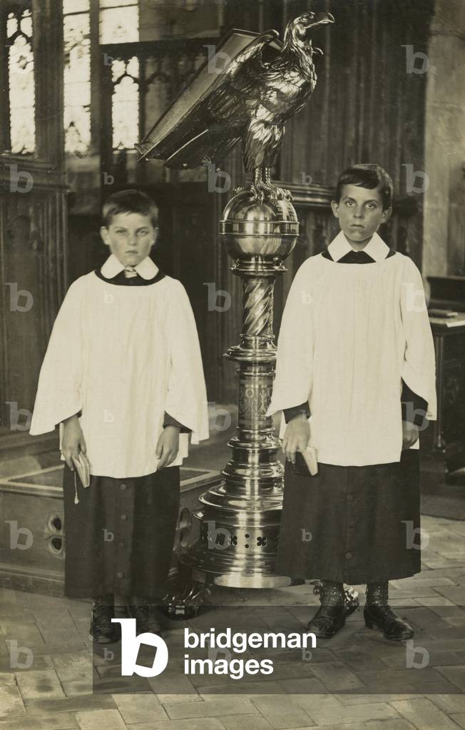 Scowling choirboys (b/w photo)