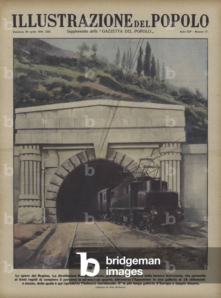 Public works of the Fascist regime in Italy: 18.5 kilometre long rail tunnel under the Appenines on the route between Bologna and Florence (colour litho)