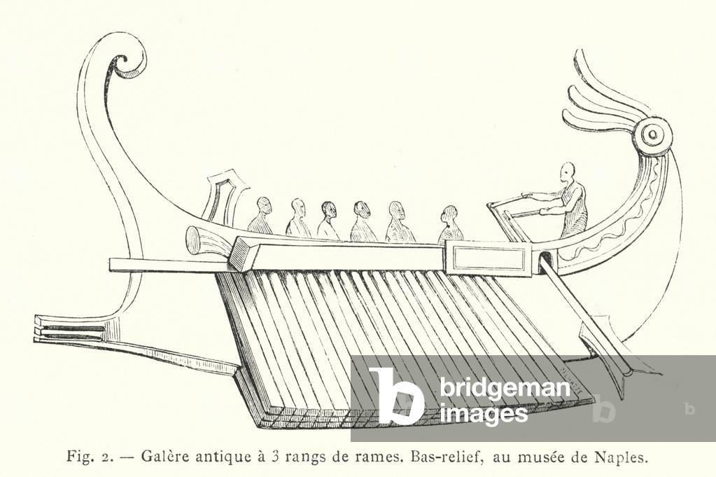 Galere antique a 3 rangs de rames, Bas-relief, au musee de Naples (engraving)