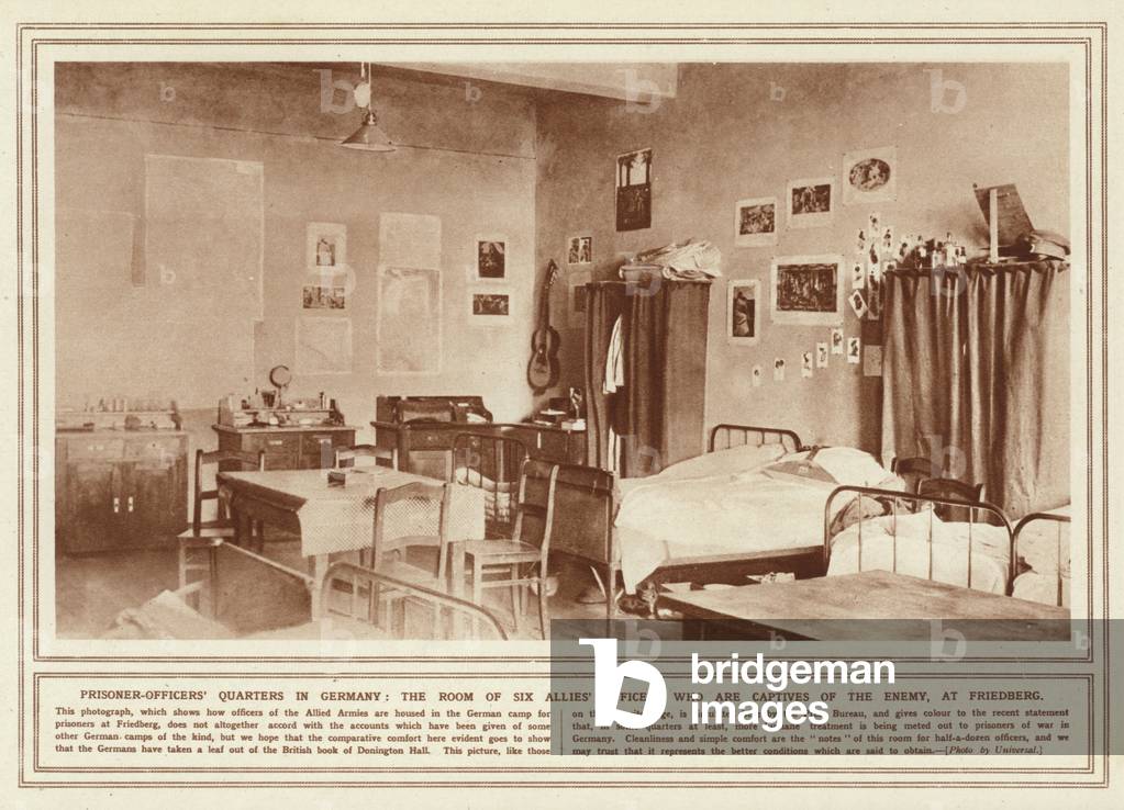 Prisoner-officers' quarters in Germany, the room of six Allies' officers who are captives of the enemy, at Friedberg (b/w photo)