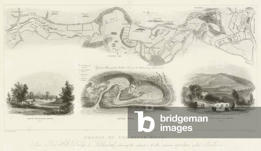 Course of the River Mole, from Box Hill Bridge to Leatherhead shewing the situation of the various  (engraving)