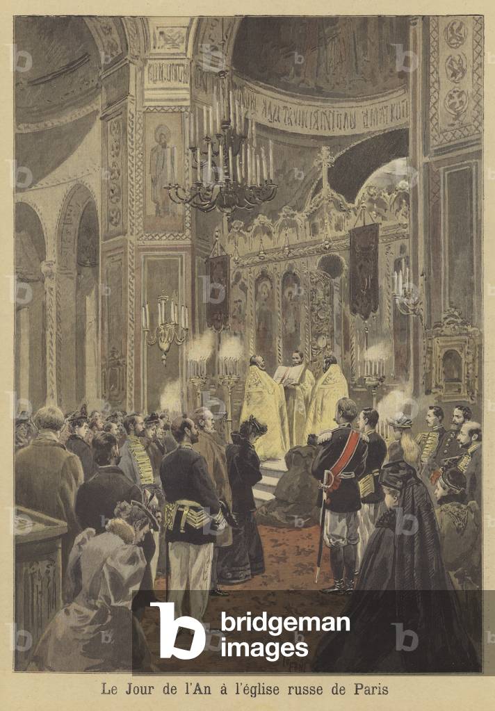 New Year's Day service in the Russian Church of Paris (colour litho)