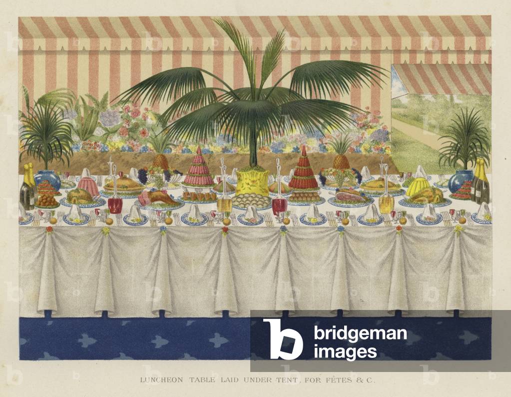 Luncheon table laid under tent for fetes etc (chromolitho)