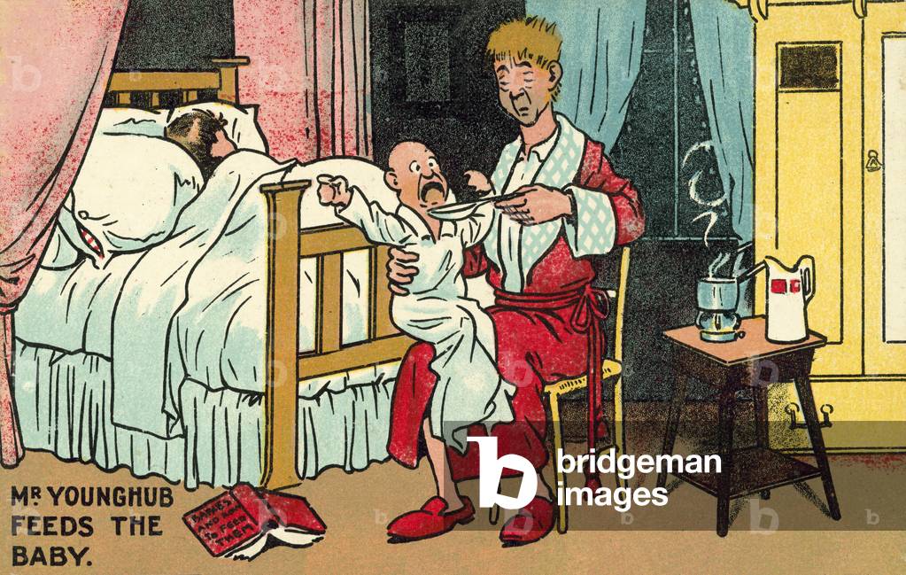 Mr YoungHub feeds the baby (colour litho)