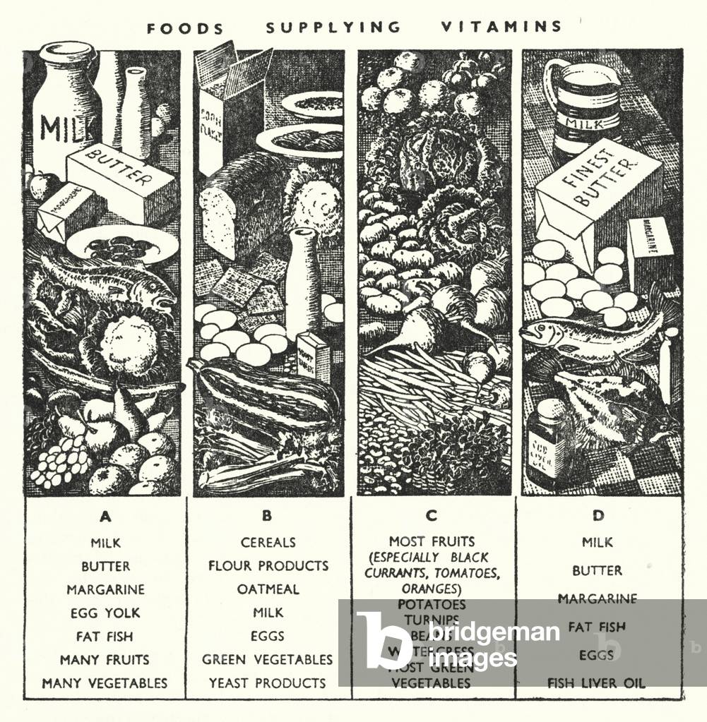 Foods suppying vitamins (b/w photo)