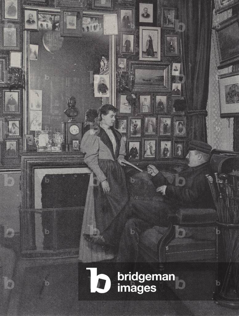 Room in the Palais Garnier filled with portraits of performers, 1895 (b/w photo)