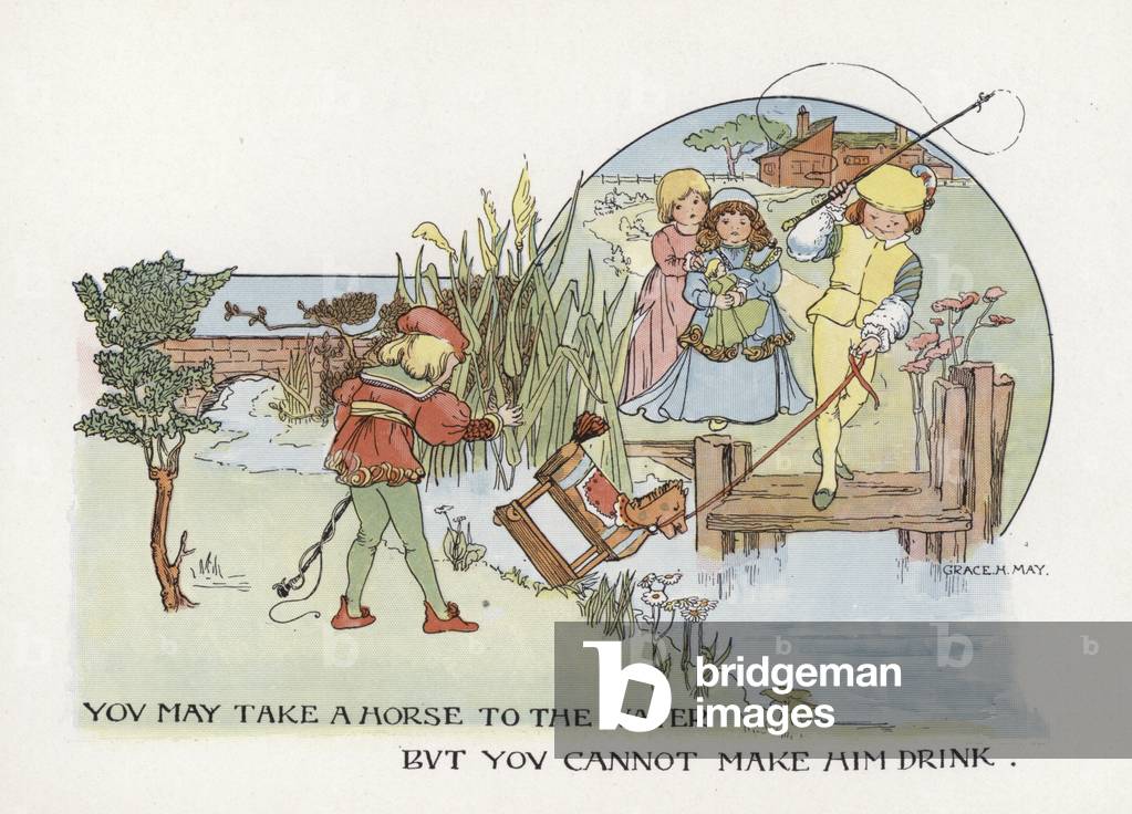 Proverbs Improved: You May Take A Horse To The Water But You Cannot Make Him Drink (colour litho)