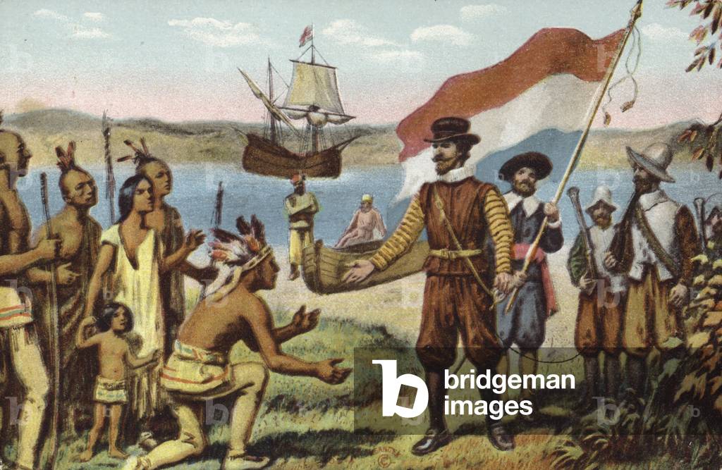 Henry Hudson landing on Manhattan (colour litho)