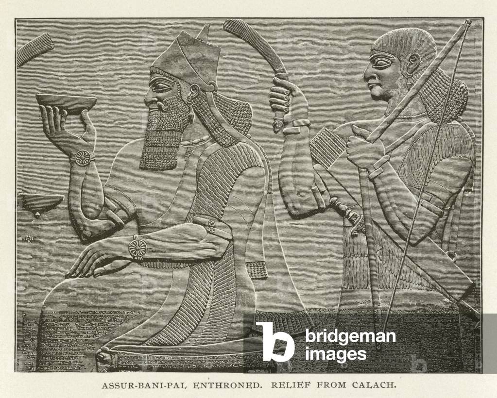Assur-bani-pal enthroned, relief from Calach (engraving)