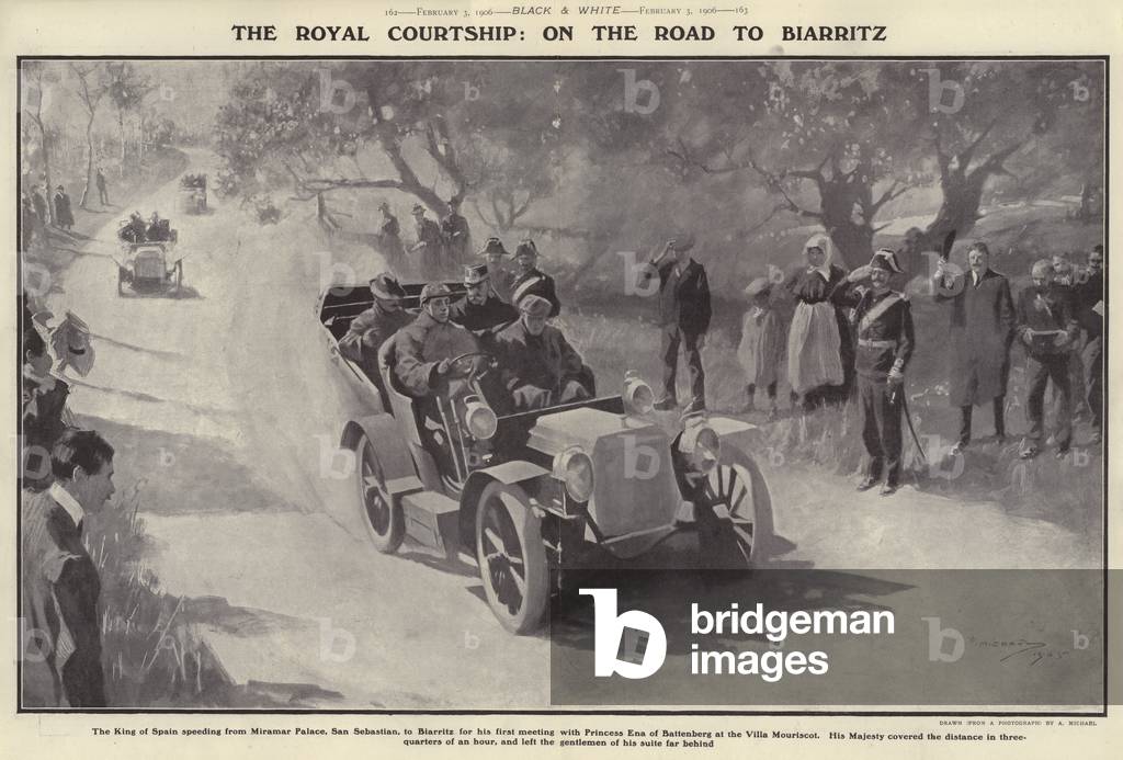 King Alfonso XIII of Spain driving from San Sebastian to Biarritz to meet his future wife, Princess Victoria Eugenie of Battenberg (litho)