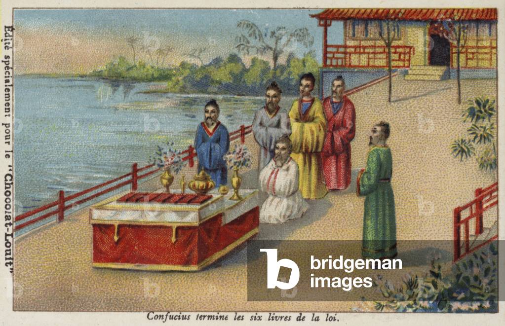 Confucius completing the Six Books of the Law, China (chromolitho)