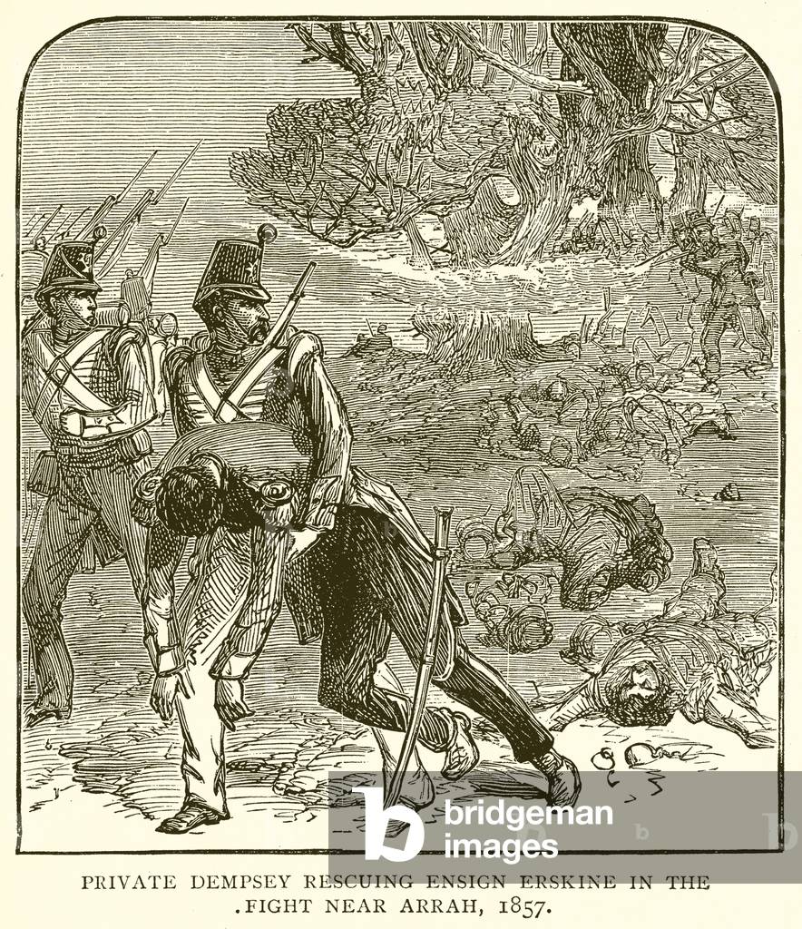 Private Dempsey rescuing Ensign Erskine in the Fight near Arrah, 1857 (engraving)