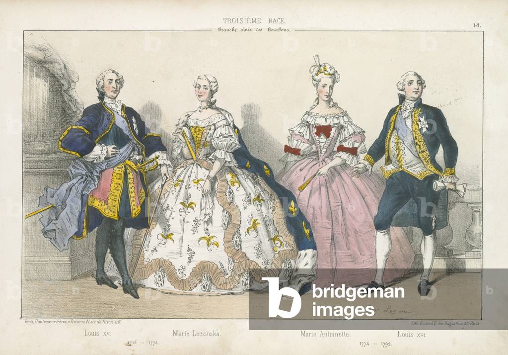 French kings and queens of the elder branch of the Bourbons (coloured engraving)