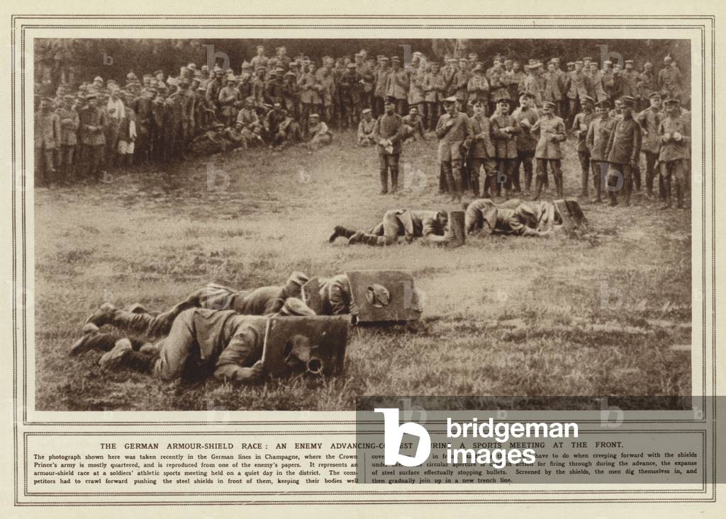 The German armour-shield race, an enemy advancing-contest during a sports meeting at the front (b/w photo)
