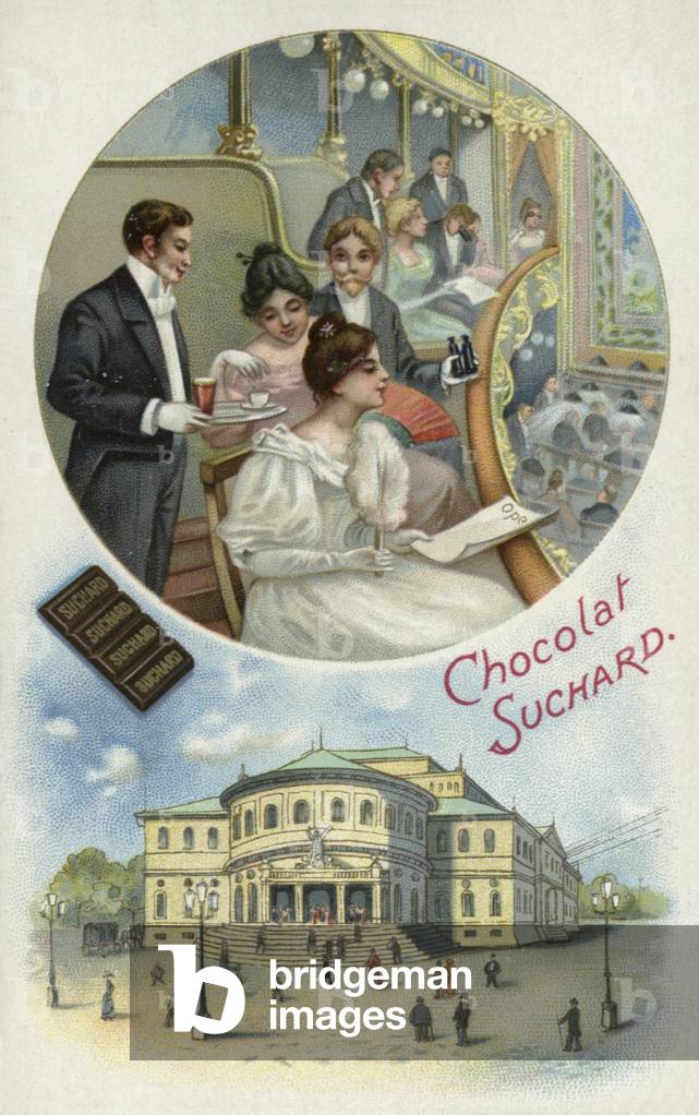 Enjoying Suchard chocolate at the opera or theatre (chromolitho)