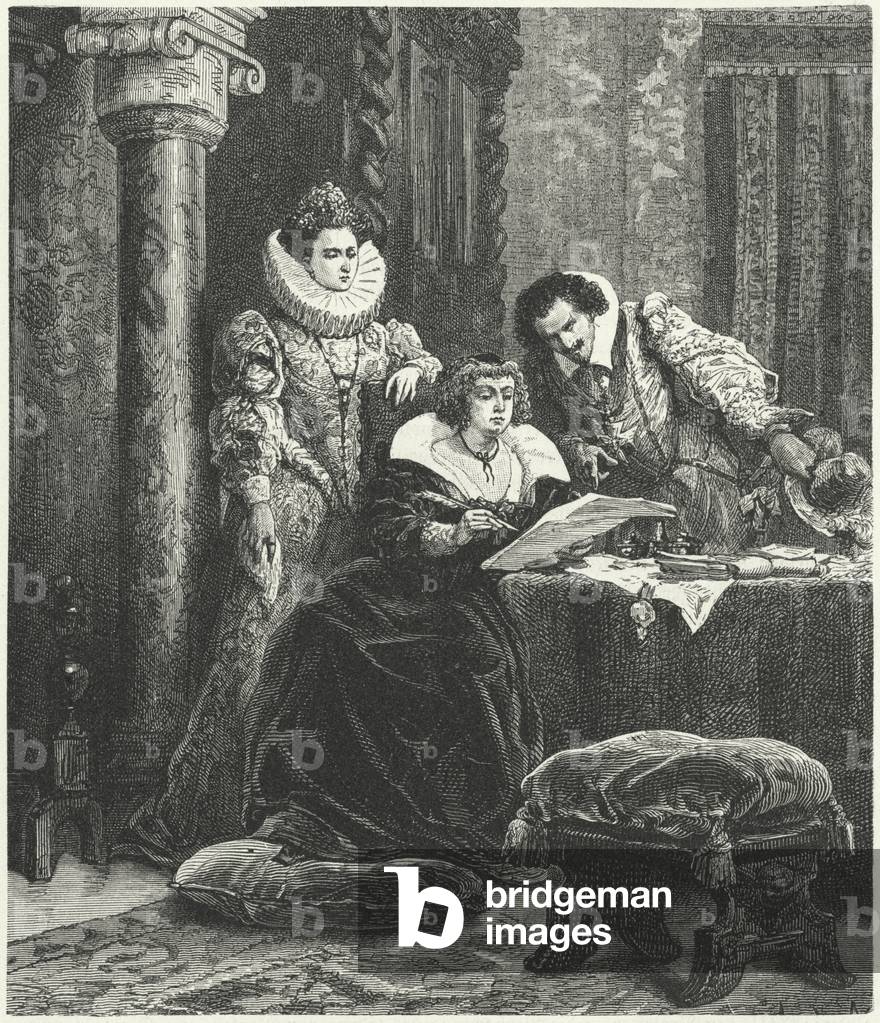 Maria de' Medici in consultation with Concino Concini and Leonora Dori (engraving)