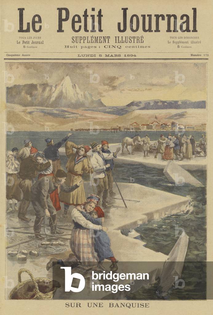 People trapped on a detached ice floe near Helsinki (colour litho)