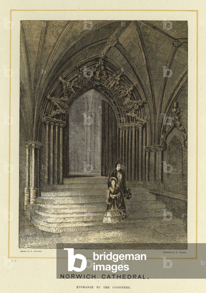 Norwich Cathedral, entrance to the cloisters (colour litho)
