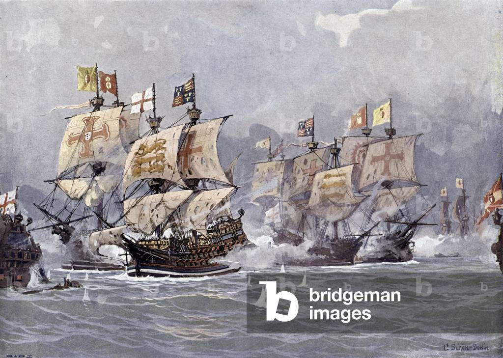 Battle between the Spanish Armada and the English fleet commanded by Admiral Lord Howard off Calais, France, 8 August 1588 (colour litho)