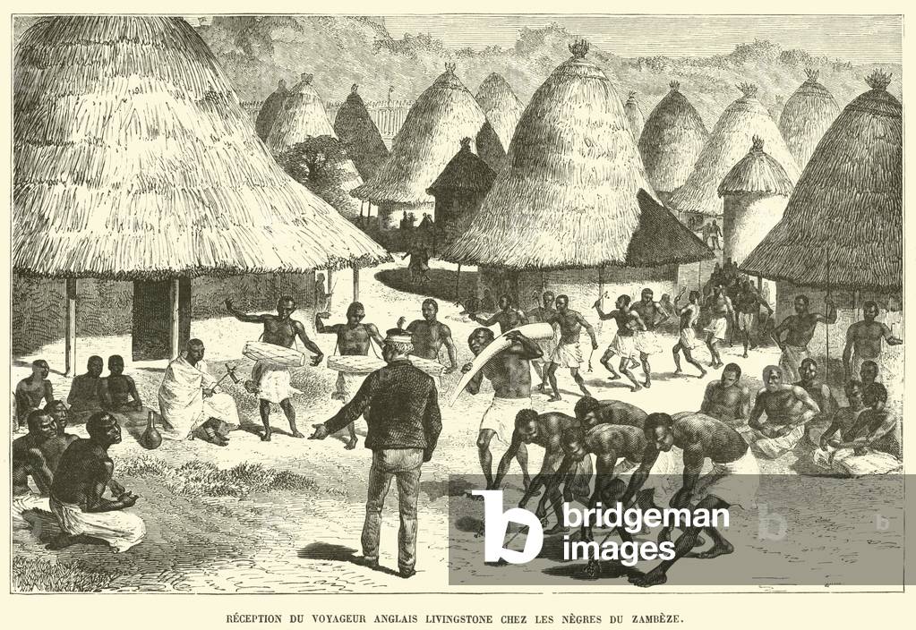 Reception du voyageur Anglais Livingstone chez les negres du Zambeze (engraving)