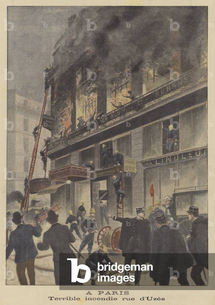 Terrible fire on the Rue d'Uzes, Paris (colour litho)