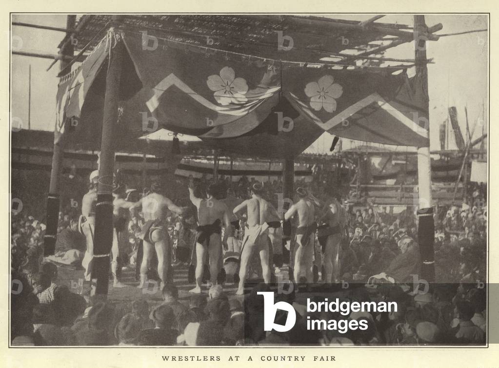 Wrestlers at a country fair (b/w photo)