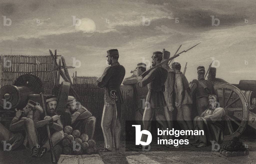 Battery at Lucknow - the defenders on the look out (engraving)