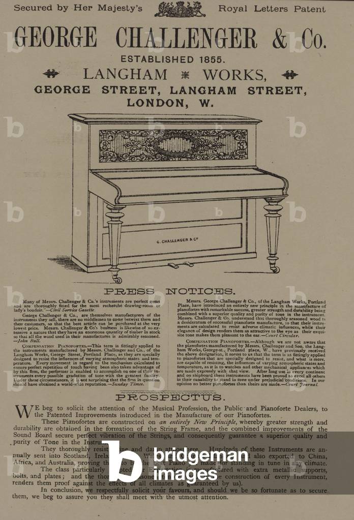 George Challenger & Co pianos, George Street, Langham Street, London (engraving)
