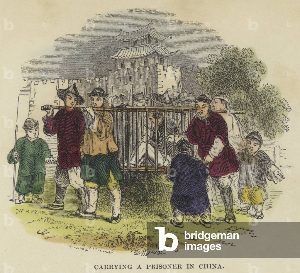 Carrying a Prisoner in China (coloured engraving)