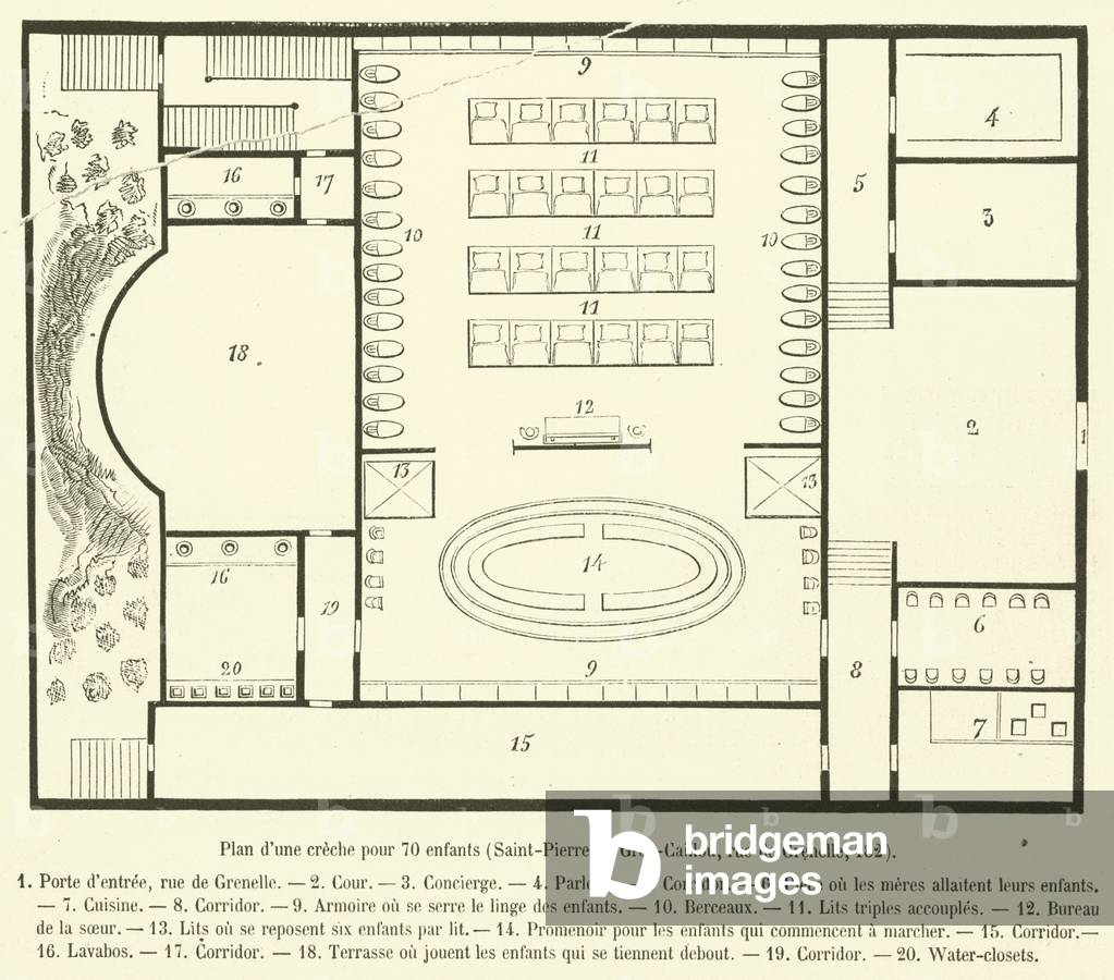 Plan d'une creche pour 70 enfants, Saint-Pierre du Gros-Caillou, rue de Grenelle, 182 (engraving)