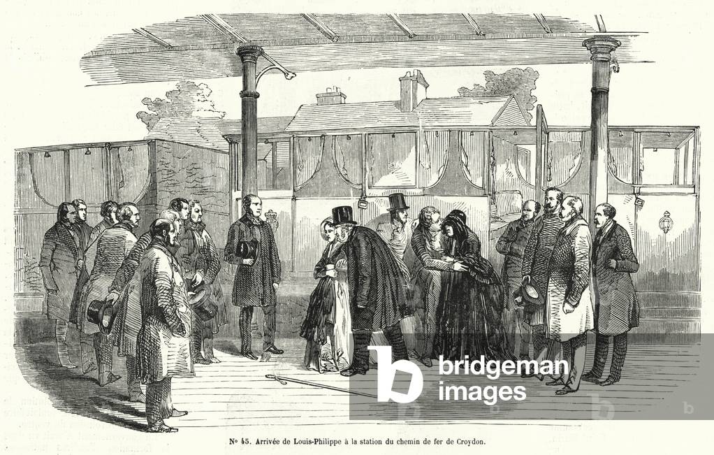 King Louis-Philippe of France arriving at Croydon railway station after being forced into exile, February 1848 (engraving)