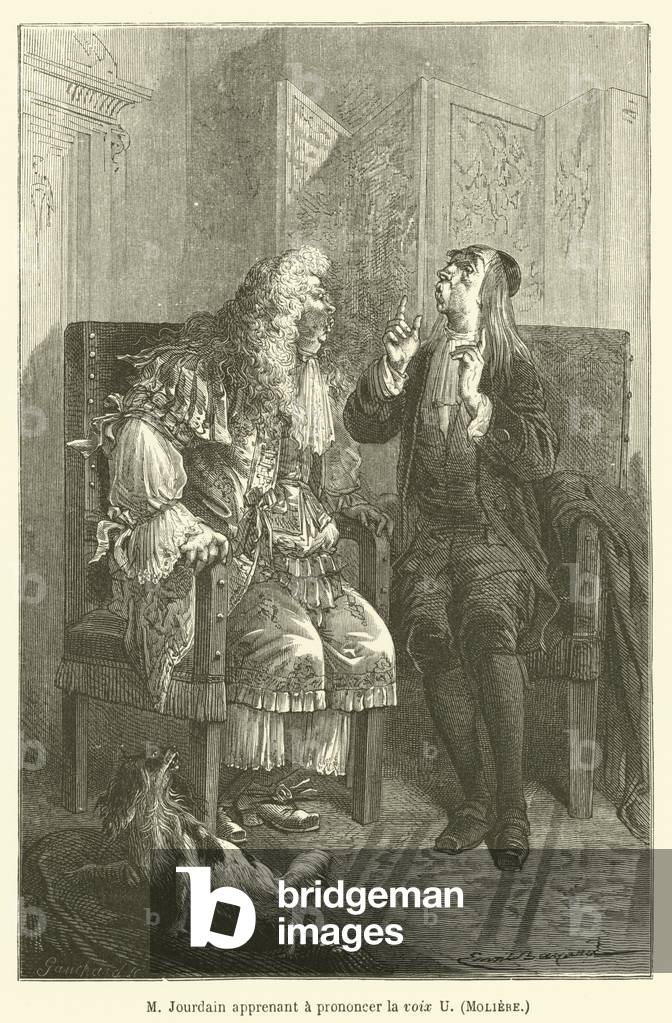 M Jourdain apprenant a prononcer la voix U, Moliere (engraving)