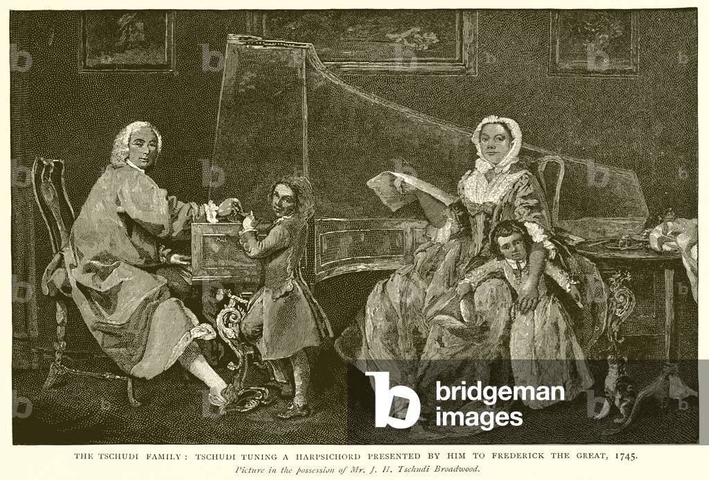 The Tschudi Family : Tschudi Tuning a Presented by him to Frederick the Great, 1745 (engraving)