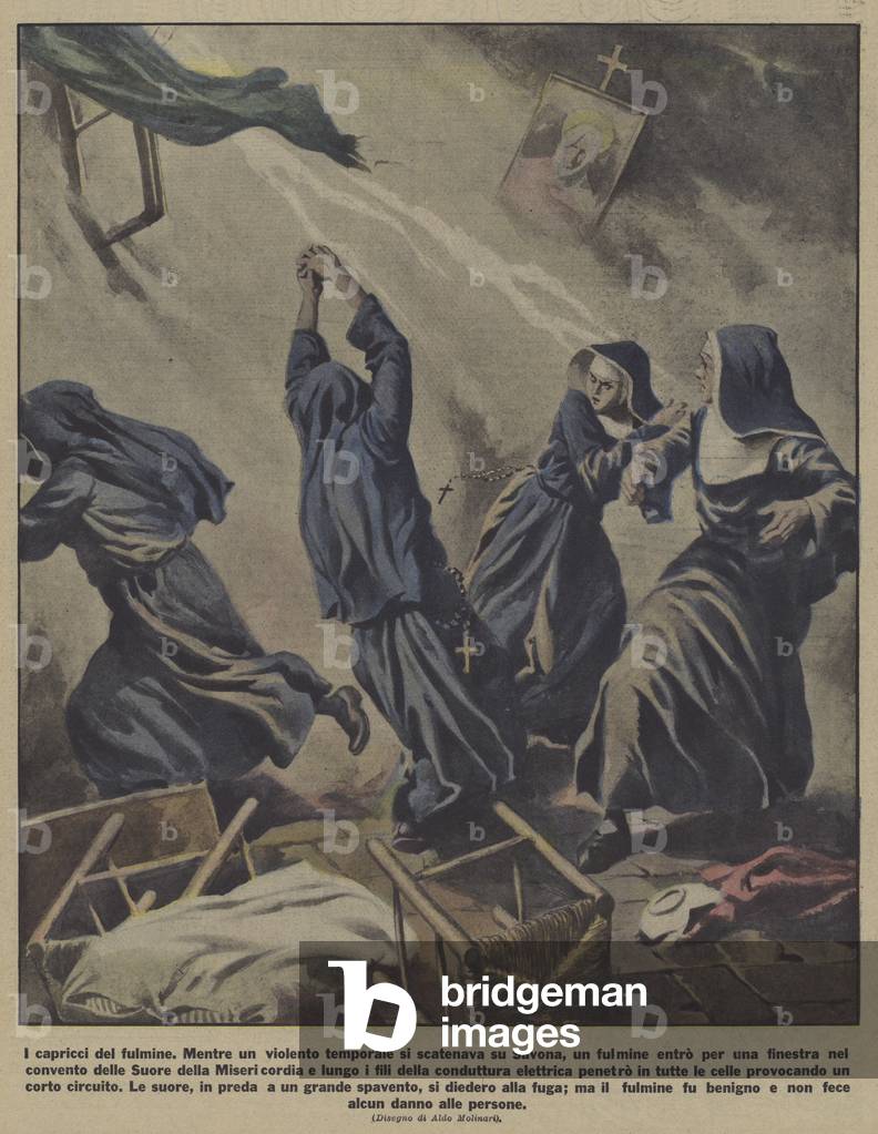 Nuns terrified after lightning short-circuited the electricity in their convent in Savona, Italy (colour litho)