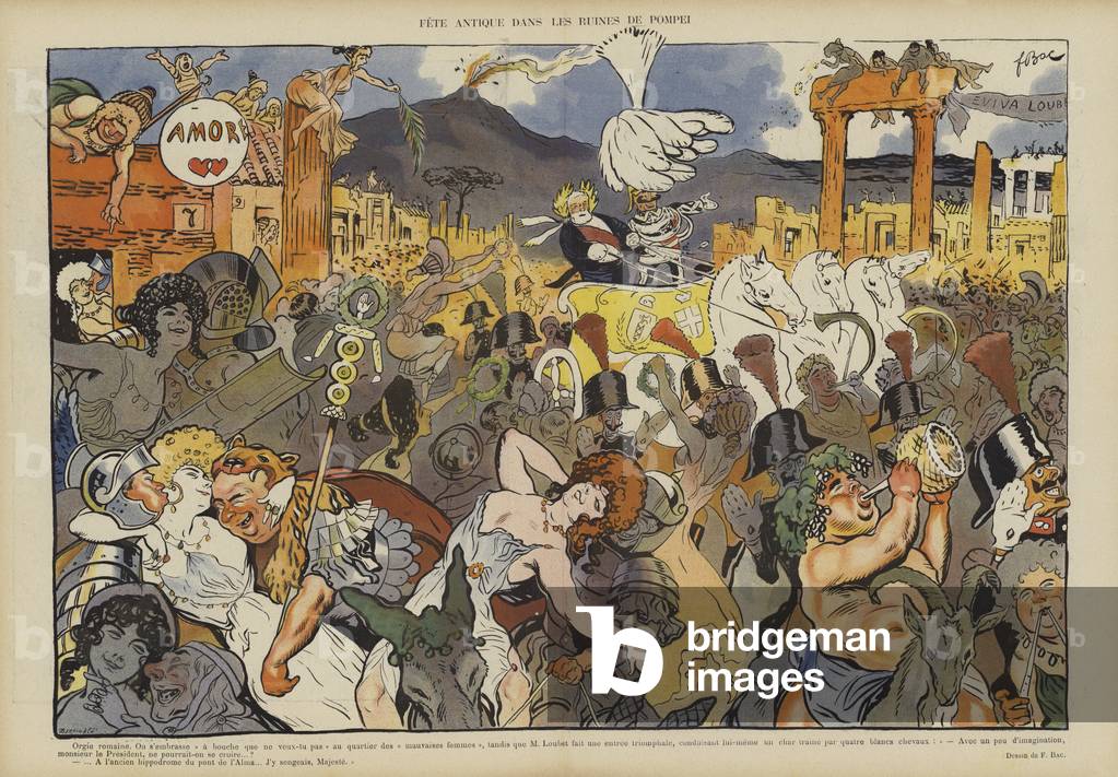 Festival in the ruins of Pompeii. Illustration for Le Rire (colour litho)