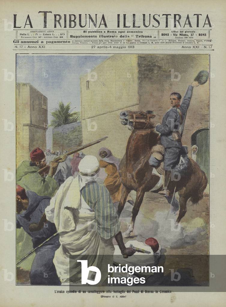 The heroic actions of an Italian cavalryman at the Battle of the Wells of Benina in Cyrenaica (colour litho)