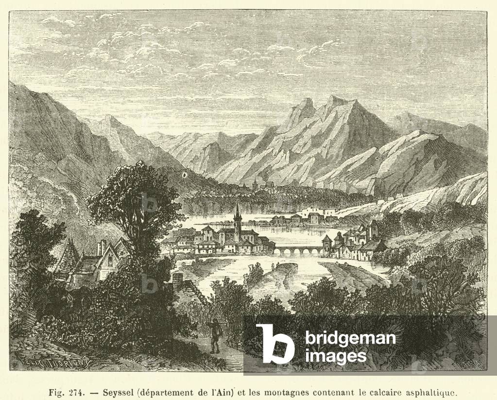 Seyssel (departement de l'Ain) et les montagnes contenant le calcaire asphaltique (engraving)