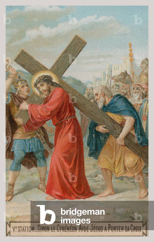 Simon of Cyrene helps Jesus to carry the cross. The fifth Station of the Cross (chromolitho)