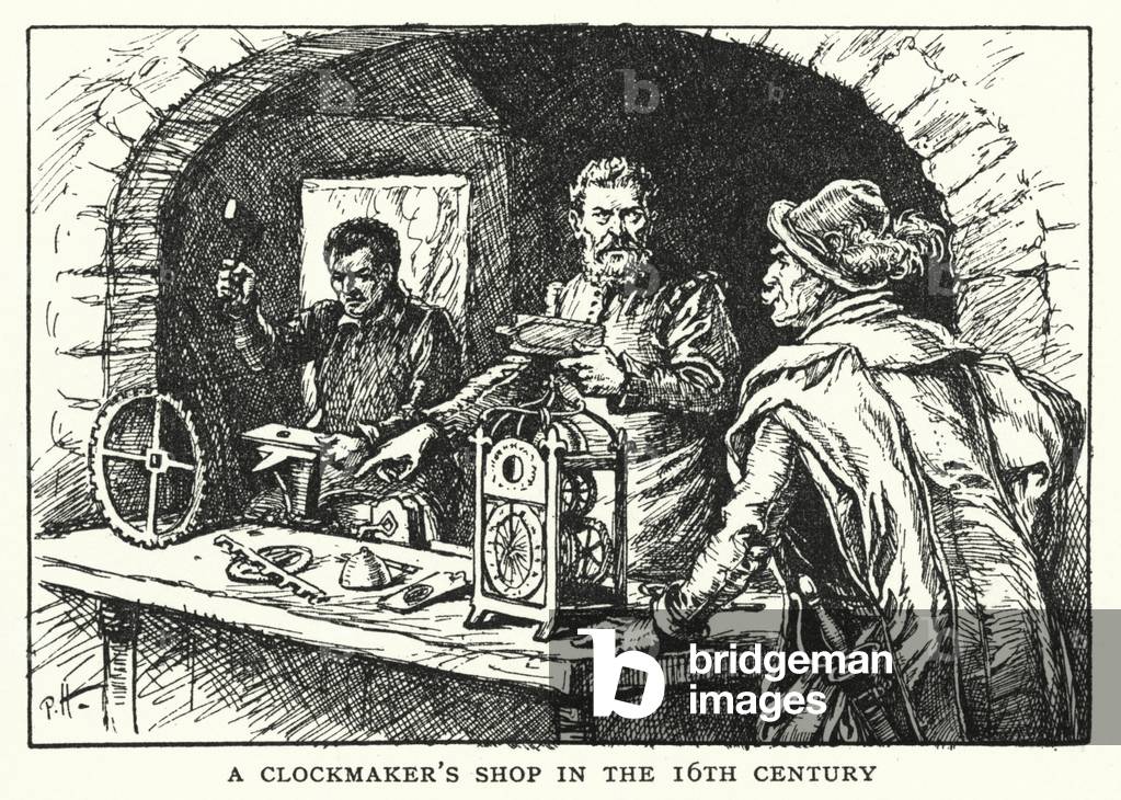 A clockmaker's shop in the 16th century (litho)