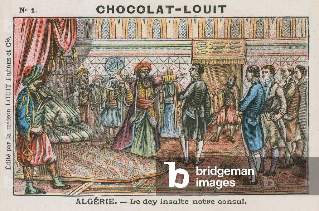 The Dey of Algiers insulting the French consul, Algeria (chromolitho)
